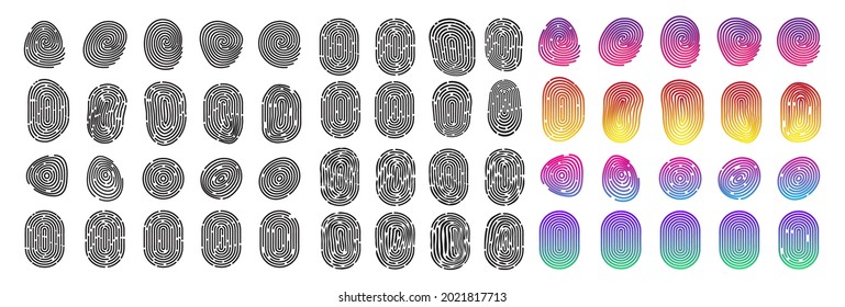 Fingerprint icon set. Finger print identity symbol, thumbprint sign, silhouette, id graphic element, touch vector illustration