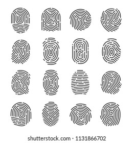 Fingerprint icon set. Impression, mark used for identifying individuals, unique pattern of lines for biometric identification in criminal investigation. Vector illustration human fingerprint.