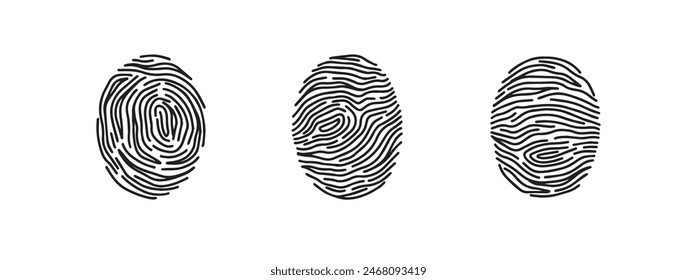 Conjunto de iconos de huellas dactilares, impresión dibujado a mano estilo doodle. Dedo de impresión de contorno. Ilustración vectorial