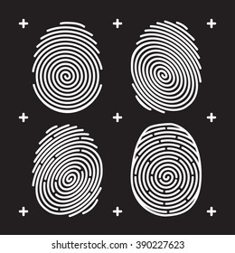 Fingerprint icon set. White fingerprint on black background. identification, biometrics Security system 