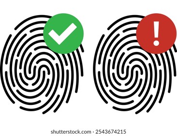 Icono de huella dactilar y marca. Verificación superada. Las huellas dactilares no coinciden. Autenticación de seguridad digital. Icono de ID de aplicación. Sistema de seguridad. Seguridad de la información.