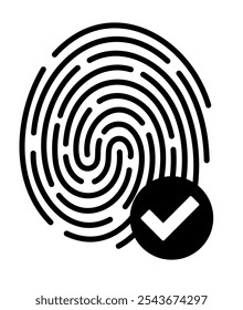 Fingerprint icon and tick. Verification passed. Digital security authentication. ID application icon. Security system. Information security.