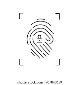 Fingerprint icon with unlock glyph inside.Computer data protection, App security illustration.Graphic vector illustration eps 10 Flat style icon isolated on white background.