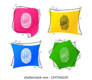 Fingerprint icons. Identification or authentication symbols. Biometric human dabs signs. Geometric colorful tags. Banners with flat icons. Trendy design. Vector