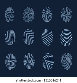 Fingerprint icons. Identification or authentication symbols. Biometric human dabs signs. Flat icons