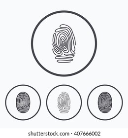 Fingerprint icons. Identification or authentication symbols. Biometric human dabs signs. Icons in circles.