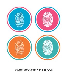 Fingerprint icons. Identification or authentication symbols. Biometric human dabs signs. Colored circle buttons. Vector