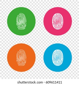 Fingerprint icons. Identification or authentication symbols. Biometric human dabs signs. Round buttons on transparent background. Vector