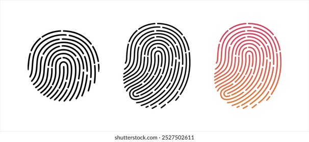 Fingerprint icons. Personal id identity. Press finger, scan for safety. Unique touch id. Individual fingertip is verification in police. Semi-simplified fingerprint on white background. Vector 10 eps.