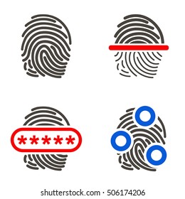 Fingerprint icons. Set authorization and identification icons. Finger print symbol. Scanning, verification, touch screen, scan biometric thumbprint, business, technology. Vector illustration eps10.