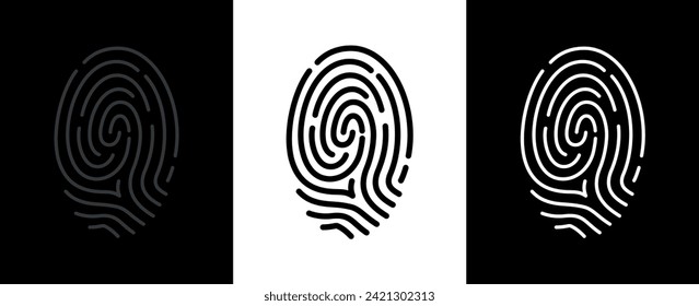 Fingerprint icons set (dactylogram). Identification, police or forensics symbol. Biometric data. Attribute of detective, criminal or access level.