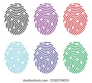 ícones de impressão digital definidos em cores diferentes, impressão digital, biometria, segurança, autenticação, identidade, privacidade, acesso, segurança digital, autenticação biométrica