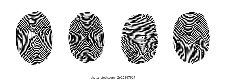 Fingerprint icons set. Simple hand drawn symbols with unique touch ID and individual fingerprints for identification and verification. Outline vector illustration collection isolated on background