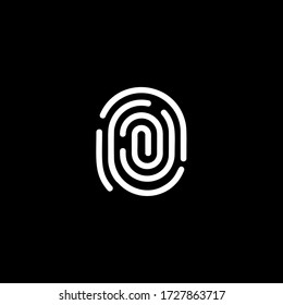 Logo für Fingerabdruck-Identifizierungs-App. Weißer Daumenabdruck, biometrischer Identitätssystem-Logotyp. Elektronische Vektorgrafik des Sicherheitsdienstes FBI, das Symbol für polizeiliche Beweisdaten.