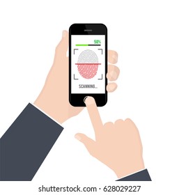 Fingerprint identification or authentication on smartphone isolated on white background. Vector illustration.