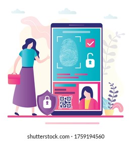 Fingerprint identification. Big mobile phone, businesswoman puts finger to screen. Smartphone application for security control. User profile with data. Flat vector illustration
