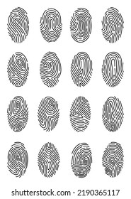 Fingerprint identification collection. Scan fingerprint, security or identification system concepts. Biometric data design. Security system based on thumb lines, vector illustration