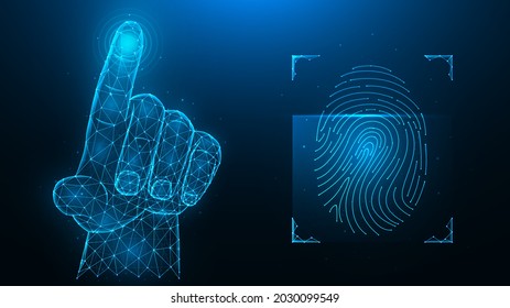 Fingerprint identification concept. Biometric data low poly design. Polygonal vector illustration of a hand pressing with an index finger and a fingerprint on a blue background.