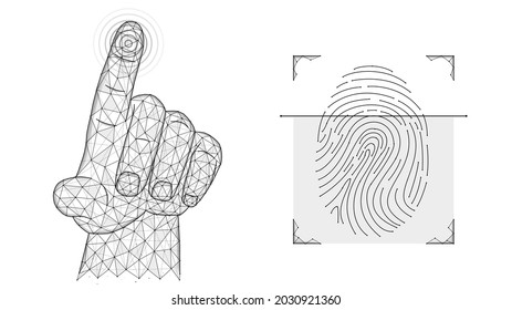 Fingerprint identification concept. Biometric data low poly design. Polygonal vector illustration of a hand pressing with an index finger and a fingerprint.