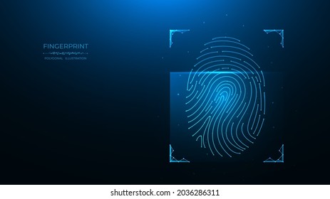 Fingerprint identification concept. 
Polygonal vector illustration of scanning biometric data on a dark blue background.