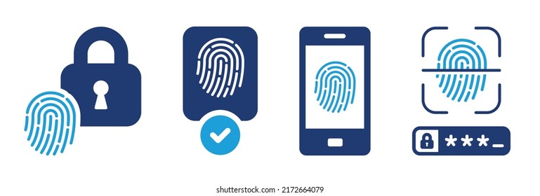 Juego de vectores de icono de identificación de huellas digitales. Tecnología biométrica de huella digital para ilustración de concepto de seguridad de contraseña.