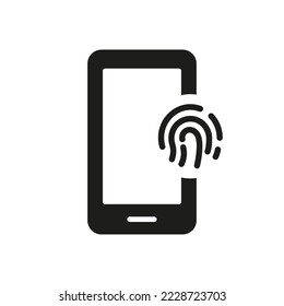 Fingerprint Identification in Mobile Phone Silhouette Icon. Touch ID in Cellphone Glyph Pictogram. Finger Print Scanner on Smartphone Sign. Biometric Identity Symbol. Isolated Vector Illustration.