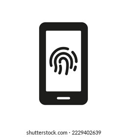Fingerprint Identification in Mobile Phone Silhouette Icon. Touch ID in Cellphone Glyph Pictogram. Finger Print Scanner on Smartphone Sign. Biometric Identity Symbol. Isolated Vector Illustration.