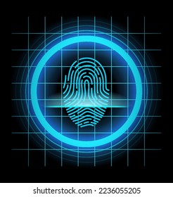Fingerprint identification. Scan fingerprint, security or identification system concept. Futuristic technology. Biometric data design. Security system based on thumb lines, vector illustration