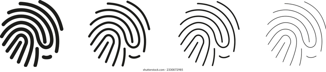 Fingerprint identification set vector. Unique thumb icons and ID lines imprint of finger. Biometric identification. Security  authentication of human collection.