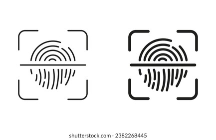 Signo de identificación de huellas digitales. Pictograma de identificación táctil. Línea de identidad biométrica y conjunto de iconos negros de silueta. Escáner de impresión de dedo con colección de símbolos de bloqueo. Ilustración de vectores aislados.