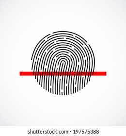 Fingerprint identification system, black symbol with red strip isolated on white background, vector illustration