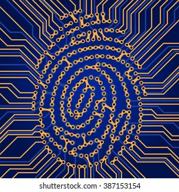 Sistema de identificación de huellas dactilares. Tecnología De Escaneo De Dedos. Buscando software. Comprobación de identidad. Fondo del esquema de electrónica del vector