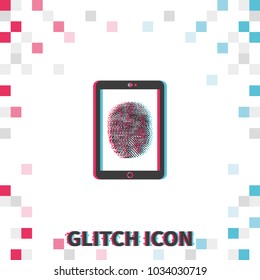 Fingerprint identification system  glitch effect vector icon. Smartphone security.