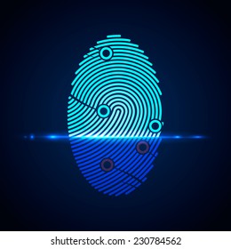 Fingerprint identification with whorls. Vector illustration isolated on black background, eps 10.
