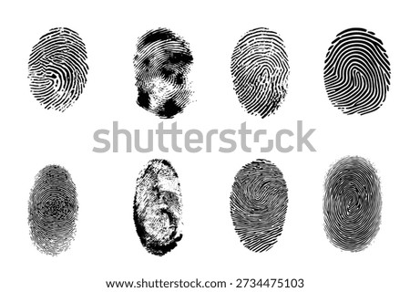Fingerprint identity collection. Biometric security and verification concept. Digital authentication and forensic analysis elements. High detail black prints