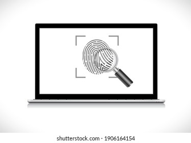 fingerprint identity icon with magnifying glass on laptop computer display