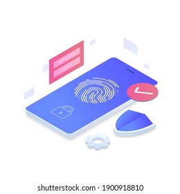 Fingerprint identity sensor isometric vector concept. Illustration for websites, landing pages, mobile applications, posters and banners.