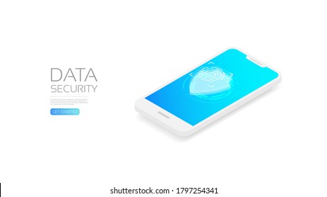 Fingerprint identity sensor, unlock smartphone, isometric illustration