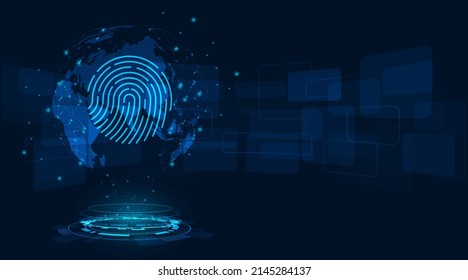 Fingerprint identity sensor.Data protection system.podium hologram blue light and concept.