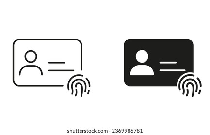 Identidad de huella digital para la colección de símbolos de seguridad de usuario. Tarjeta de identificación personal con línea de huellas digitales y conjunto de iconos de silueta. Tarjeta de identificación de plástico, Signo de identificación de empleado. Ilustración de vectores aislados.