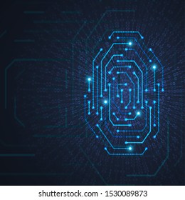 Fingerprint integrated in a printed circuit. Abstract digital code visualization. Big data code representation. Graphic concept for your design