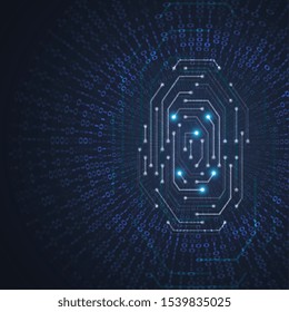 Fingerprint integrated in a printed circuit. Abstract digital code visualization. Big data code representation. Graphic concept for your design
