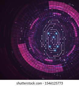 Fingerprint integrated in a printed circuit. Abstract digital code visualization. Big data code representation. Graphic concept for your design