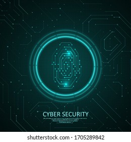 Fingerprint integrated in a printed circuit. Digital cyber security visualization. Abstract technology background. Graphic concept for your design