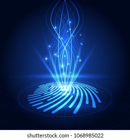 Fingerprint integrated in a printed circuit, releasing binary codes. fingerprint Scanning Identification System. Biometric Authorization and Business Security Concept. Vector illustration background