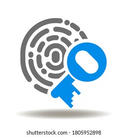 Huella digital con vector de icono de clave. Símbolo de identificación biométrica. Logotipo de datos de seguridad de acceso.