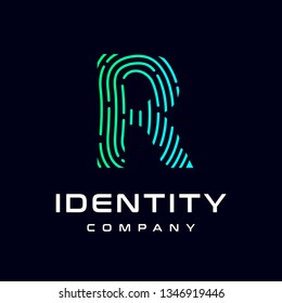 Fingerprint letter R vector template logo. Design with gradient and technology. This graphic  is suitable for identification, security, protection and business.