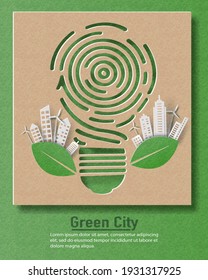 Fingerprint light bulb with a city, save the planet and energy concept, paper illustration, and 3d paper.