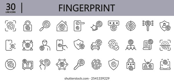 Conjunto de iconos de línea de huellas dactilares con protección, seguridad, mano, escáner, dedo, biométrico, identidad, Contraseña, clave, impresión y más. Trazo editable