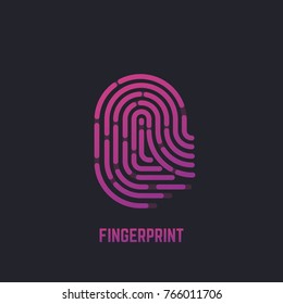 Fingerprint line illustration. Gradient finger print for scanning. Dark background. Logo, icon or banner for security. Simple abstract human hand fingerprint. Linear modern, trendy vector.